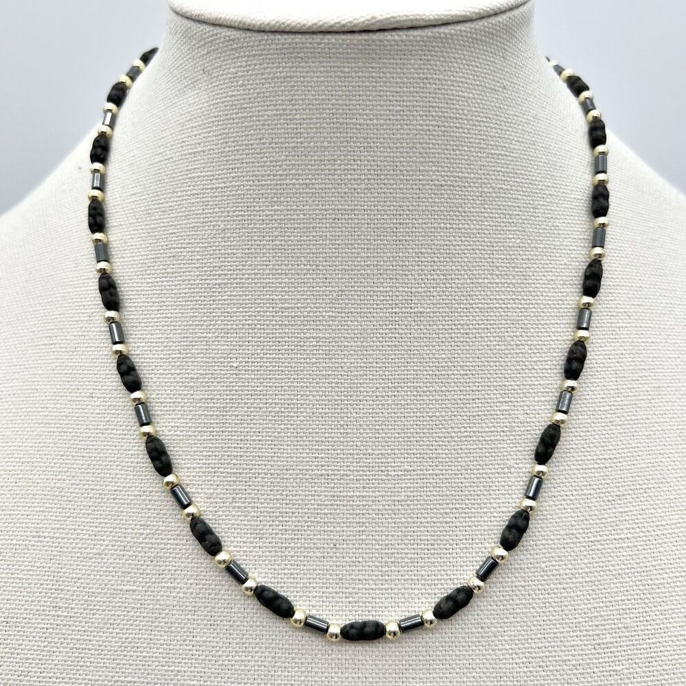 Surfer Style Unisex Necklace 20” Black Oblong Gold Tone Round Beaded Beach Aloha